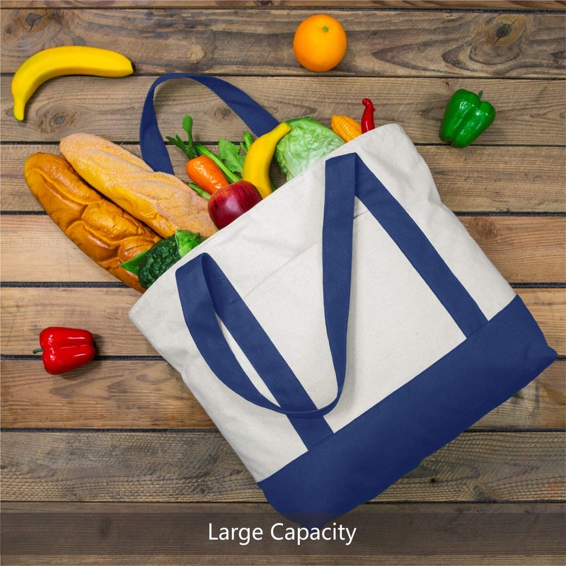 TOPDesign 3-Pack Canvas Tote Bags with an External Pocket, Reusable Grocery Shopping Bags, Top Zipper Closure, Daily Essentials (Blue/Natural) - Image 4